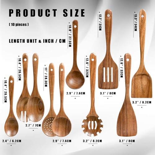 HSM Wooden Spoons for Cooking, 10-Piece Acacia Wood Kitchen Utensil Set | 10 task-specific tools cover stirring, flipping, draining and serving, keeping the right shape ready for everyday recipes.