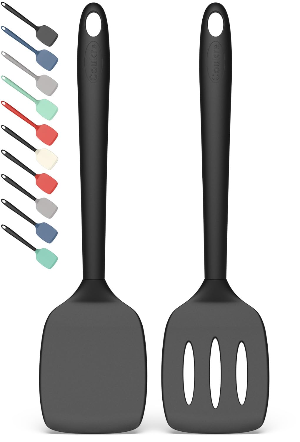 Coukre 2 Pack Silicone Spatula Set,High Heat Resistant, BPA-Free | Dishwasher Safe Kitchen Spatula for Nonstick Pans, Solid & Slotted Turners for Cooking, Sautéing, and Flipping, PureBlack