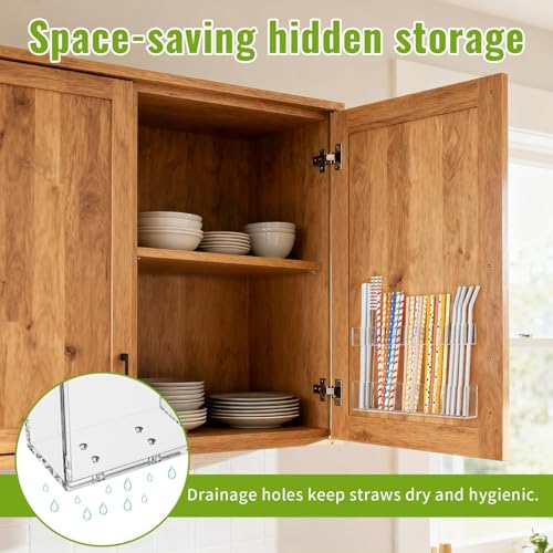 Mpotmiy 9.5" Large Acrylic Straw Holder for Cabinet Door, Straw Organizer | Transparent organizer with ultra-sticky adhesive, drainage holes and adjustable height for utensils and tumbler accessories.