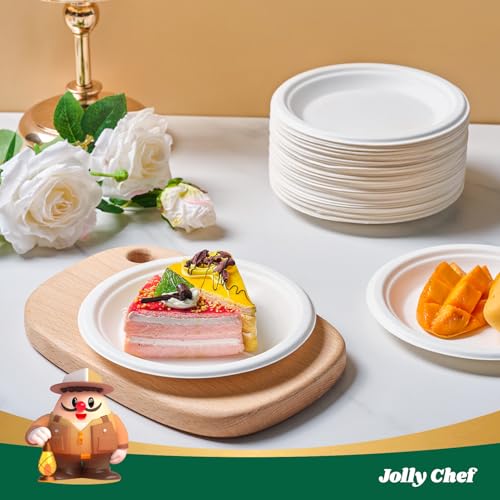 JOLLY CHEF Dessert Plates 6 Inch Paper Plates Compostable White 200 Pack | Disposable Heavy Duty for Cake, Snacks, Everyday Meals & Parties, Biodegradable Sugarcane
