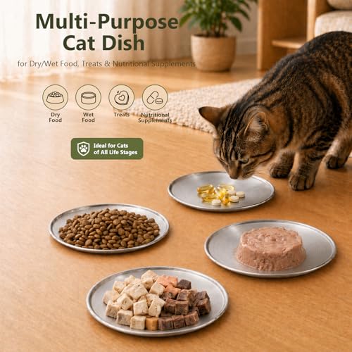 ChefBee 4PCS 6.7" Stainless Steel Shallow Cat Bowls, Whisker Friendly | Flat Shallow Wide Design, Food & Water Dishes, Easy to Clean, For Indoor Cats, Kittens & Multicats, Pet Feeding Plates