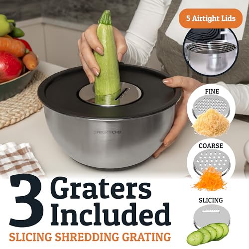 28pc Stainless Steel Mixing Bowls with Lids Set, 1.5-5 Qt, Black | 5 Non-Slip Bowls with Measurement Marks, 5 Airtight Lids, 3 Graters, 15-Piece Utensil Set; For Meal Prep, Baking, Storage