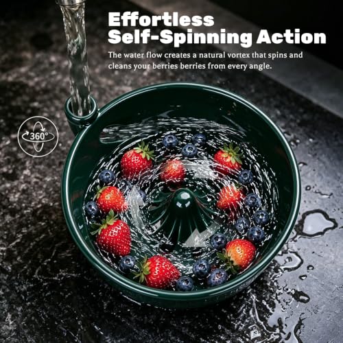 Ceramic Berry Washing Bowl with Auto-Spin Swirl Drainage | Self-Rinsing Fruit Bowl, Multi-Functional Berry Colander for Strawberries, Blueberries, and Grapes