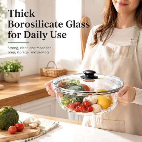 6 QT Large Glass Mixing Bowl with Lid for Sourdough Bread Making & Proofing | Dough Rise Clearly in This 6QT Glass Bowl with Ventilated Lid Oven-Safe Ideal for Sourdough Proofing Mixing & Storing