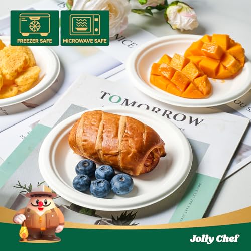 JOLLY CHEF Dessert Plates 6 Inch Paper Plates Compostable White 200 Pack | Disposable Heavy Duty for Cake, Snacks, Everyday Meals & Parties, Biodegradable Sugarcane