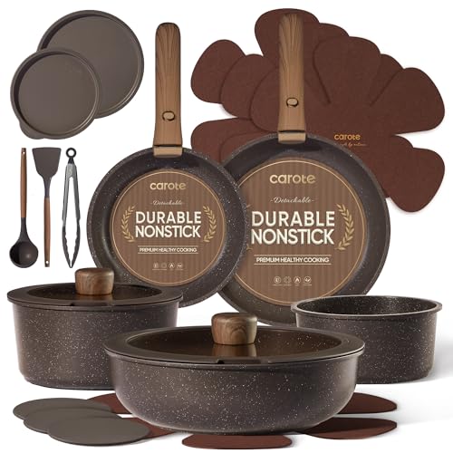 CAROTE 21pcs Pots and Pans Set Non Stick, Detachable Handle Cookware