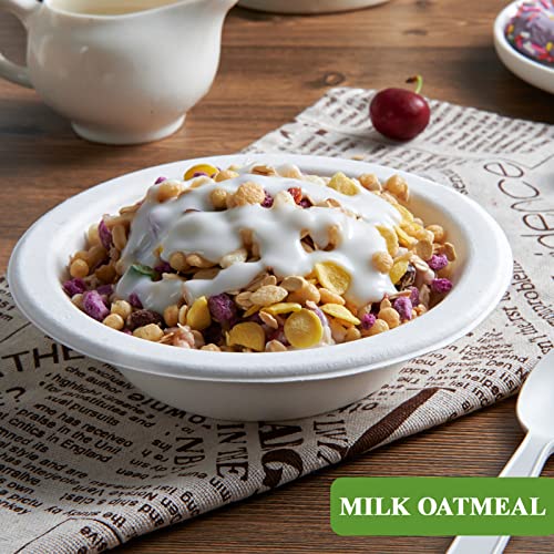 Vplus 200 Pack 16 OZ Compostable Paper Bowls, Bagasse Bowls，White | Disposable Compostable Bowls Bulk, Eco-friendly Bagasse Bowls, Heavy-duty Bowls Perfect for Milk Cereals, Snacks, Salads