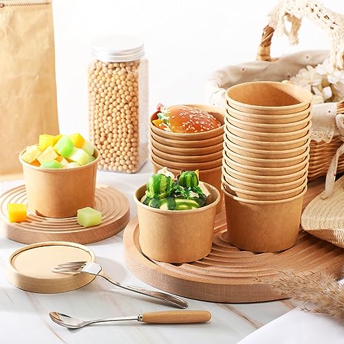 Fulmoon 8 oz 100 Pack Paper Containers with Lids Soup Bowl Cup, Brown | Disposable Ice Cream Cup, Kraft Food Containers with Vented Lid Stackable for Hot Soup Dessert Cake Fruit Microwave Takeout