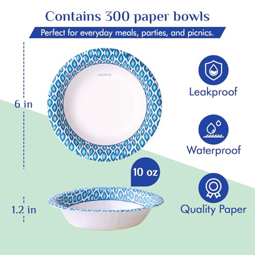 MUCHII 10 oz Paper Bowls, 300 Count Printed Disposable Small Bowls Bulk | Blue Printed,Mini Bowls,Soup Bowls,Soak Proof,Hot Soup Oatmeal Cereal,Ice Cream Dessert,Snacks Side Dish,Party School Lunch