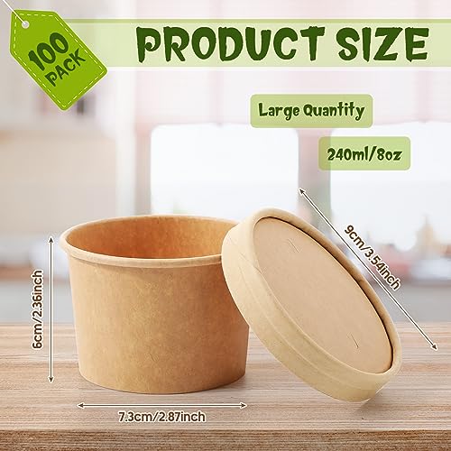 Fulmoon 8 oz 100 Pack Paper Containers with Lids Soup Bowl Cup, Brown | Disposable Ice Cream Cup, Kraft Food Containers with Vented Lid Stackable for Hot Soup Dessert Cake Fruit Microwave Takeout