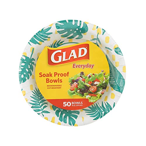 Glad Round Disposable Paper Bowls, Palm Leaves Pattern, 16 Oz, 50 Count | Coated paper, soak-proof and cut-resistant, microwave safe, soup salad and snacks