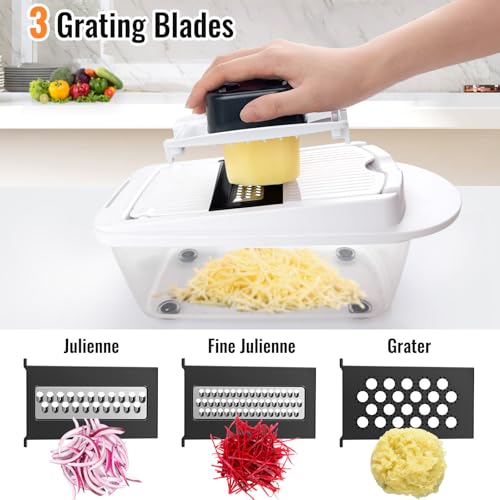 8-Blade Cook Tool & Gadget Sets, Egg Slicer Chopper Grater Set, White | Egg Slicer Vegetable Chopper Mandoline Food Grater with Container for Onion, Veggie Salad