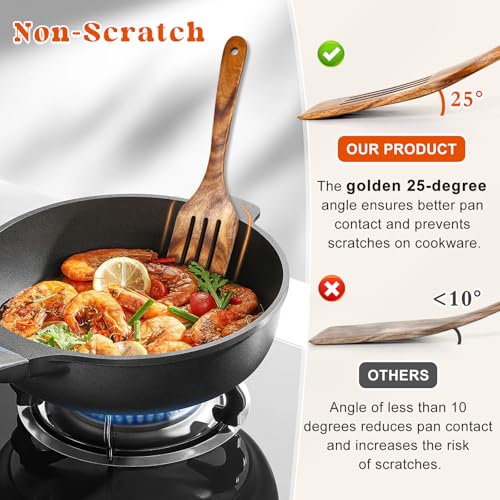 2Pcs Wooden Spatula, Acacia Solid & Slotted Turner Spatula Set, Long Handle Flat Frying Spatulas, Ideal Kitchen Gift for Mother and Grandma, Kitchen Utensils Set for Cooking, Frying, Baking