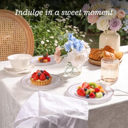 BESTVIP 100PCS 7 Inch Silver Plastic Dessert Plates, Disposable Plate | Plastic Plates with Silver Rim for Salad/Samll Cakes, Heavy Duty Plates for Party, Wedding and Birthday, Events
