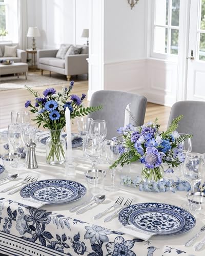 Hioasis Blue Plastic Plates, Fancy Disposable Pates, 60 Pcs for 30 Guests | Blue & white porcelain design. Dishwasher safe, 10.25" dinner & 7.5" dessert plates for Wedding