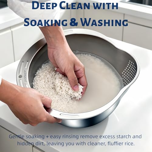 DOPMEP Rice Washer Strainer Bowl Stainless Steel Colander with Side Drainer | Ideal for Soaking, Washing, Cleaning, and Rinsing Rice, Fruits, Vegetables & Beans, Versatile Kitchen Tool