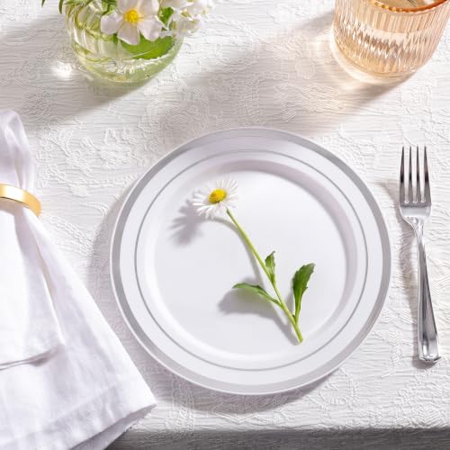 BESTVIP 100PCS 7 Inch Silver Plastic Dessert Plates, Disposable Plate | Plastic Plates with Silver Rim for Salad/Samll Cakes, Heavy Duty Plates for Party, Wedding and Birthday, Events