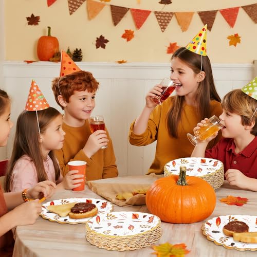 Cangmyxis 7 Inch Fall Thanksgiving Paper Plates Disposable 40 PCS Scalloped Heavy Duty Disposable Dessert Plates Maple Leaf Autumn Harvest Theme Thanksgiving Party Decorations