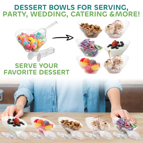 Clear Plastic Candy Bowls 6 oz (32 Pcs Set) - Candy Bar Container Display | Includes 16 Angled Bowls w/ 8 Scoops & 8 Tongs, Buffets, Ice Cream Sundae Dessert Supplies, Toppings & Party Serving Cups