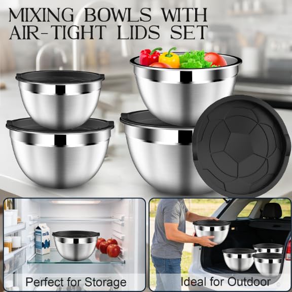 Mixing Bowls with Lids Set, Stainless Steel Mixing Bowl with Colander | Home and Kitchen Essential incl. Strainer 3 Qt with Mixing Bowl 1.5/2/2.5/3/4.5Qt for Fruit, Salad, Serving, Cooking - Black