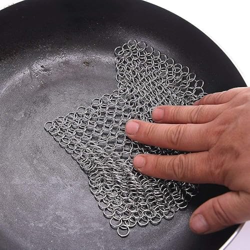 PIBC 8"x6" Cast Iron Scrubber Stainless Steel Chainmail Cleaner for Pre-Seasoned Pans, Griddles, BBQ Grill and Pot Cookware Cleaning