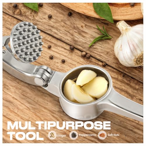 Kitchen Garlic Press, Rust Proof & Dishwasher Safe Garlic Mincer, Durable Garlic Crusher Set with Peeler＆Brush, Easy to Clean and Squeeze, Matte