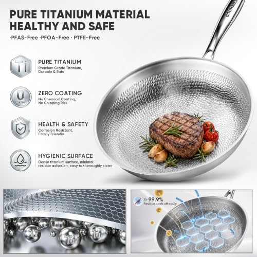 Okura Titanium Pans for Cooking, Titanium Cookware, 12" Frying Pan Hammered Design with Lid, Non-Toxic Pro Pan PFAS/PFOA/PTFE Free, Dishwasher&Oven Safe, Induction Compatible