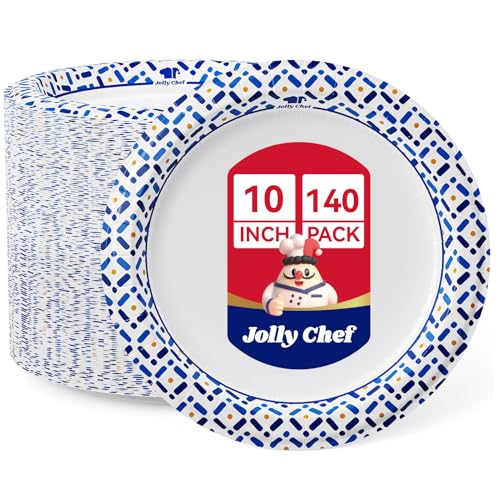 JOLLY CHEF 10 Inch Paper Plates 140 Count, Disposable Heavy Duty | Disposable Paper Plates Soak-Proof, Cut Proof, Round, Bulk Plates for Picnic, Family Gatherings, Parties