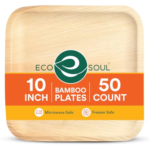 ECO SOUL 10 Inch Disposable Bamboo Plates (50 Pack, Square) | Premium, Natural, Food-Safe, Heavy Duty, Compostable, Eco-Friendly, Biodegradable, Best For Events, Parties, Weddings, BBQs