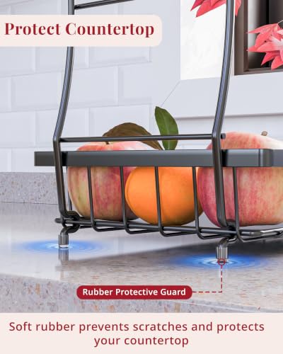 2-Tier Fruit Basket for Kitchen Counter with 2 Removable Banana Holders | Metal Wire Fruit Bowl with Protective Pads & Rubber Feet | Kitchen Organization for Vegetables, Snacks & Bread | 12.7"Lx8.7"W
