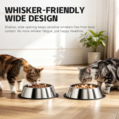 OneBug 13 Oz Steel Stainless Cat Dog Pet Food Water Shallow Dish Bowl, 2Pcs | 13 Fl / 384.5 Ml, Metal, Anti Spill, No Tip, Whisker Friendly, Removable Wide Base, Dishwasher Safe, Easily Clean, Sturdy