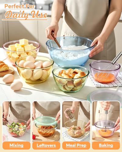 5 Pack Glass Mixing Bowls with Lids Set(4.78QT,2.2QT,1.7QT,1.1QT,0.85QT) | Color Thick Glass Large Salad Bowls,Nesting Bowls for Kitchen Baking,Prepping,Cooking,Serving,Dishwasher Microwave Oven Safe