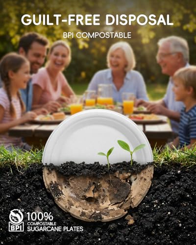 Goodluck 9 Inch White Compostable Sugarcane Paper Plates 125 Pack | 100% FSC Certified Heavy Duty Plates, Commercial Eco Friendly Disposable Plates for Party, Wedding,Catering & Everyday Use