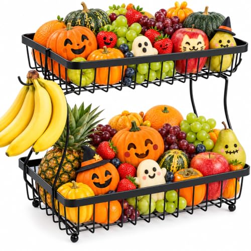 YUANCE 2-Tier Fruit Basket for Kitchen Counter with 2 Banana Hangers | Large Metal Fruit Bowl, Versatile Holder for Veggies, Produce Storage, 12.5"×7.5"×12"-Black
