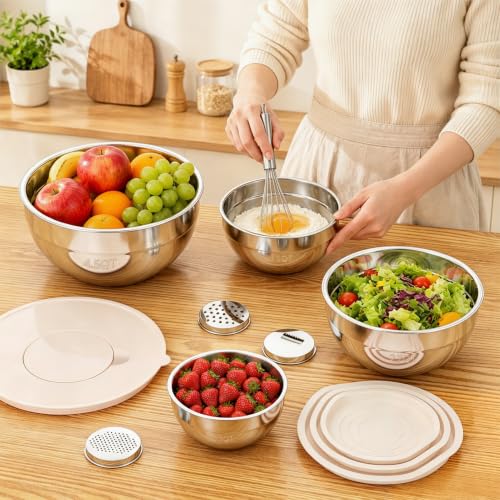 Winproper Stainless Steel Mixing Bowls with Lids Set, 4 Pack Cooking Bowls | Nesting Mixing Bowls with 3 Grater Attachments, Kitchen Airtight Metal Bowls, Size 4.5, 2.7, 1.5, 0.7QT for Mixing, Baking