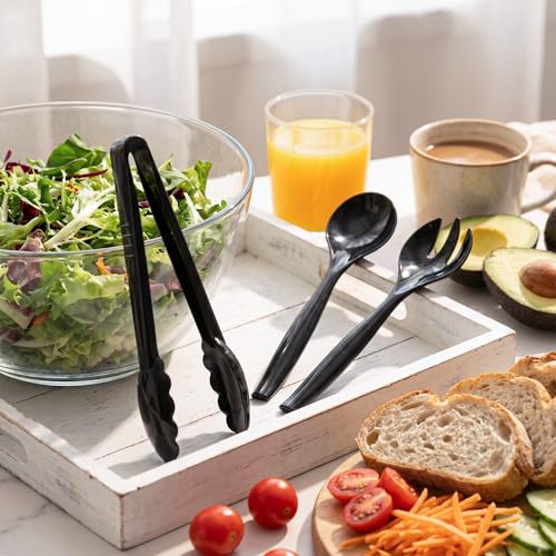 Mwellewm Plastic Serving Utensils Set, Disposable Tongs Spoons for Buffet | 10Inch Heavy Duty, BPA free,18Pc Party Catering Supplies Buffet Display Utensils for Restaurant, Wedding, Banquet, Food,Black