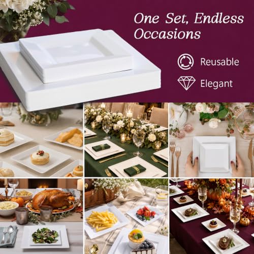 [60 PCS] Square Plastic Plates for Party | White Disposable Plastic Plates | 9.5-Inch 30 Dinner & 6.5-Inch 30 Salad Plates | Hard Plastic Plates Disposable for Parties, Wedding, Christmas & Thanksgiving