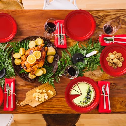 Vyntra 50 Pcs Red 7 Inch Scalloped Paper Dessert Plates | 50 Scalloped 7-Inch Dessert Plates for Cake, Snacks and Appetizers; Christmas, Holiday Dinners and Birthdays
