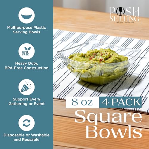 4 Pack Disposable Clear Plastic Party Bowls, Square Serving Bowls 8oz | Square Design. Disposable Party Tableware. Salad, Fruit & Candy Use. Candy Buffet Containers. Clear Plastic.