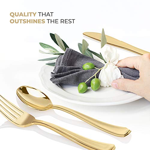 Gold Plastic Silverware Set (160 Bulk Pack) Disposable Cutlery Utensils, 80 Forks, 40 Knives, 40 Spoons, Heavy Duty Flatware For Holidays, Parties, Dinners, Weddings, and Occasions
