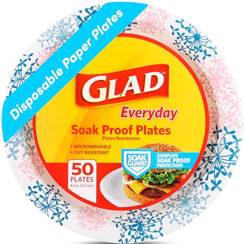 Glad Round Disposable Paper Plates, Pink Hydrangea, 8.5 Inch, 50 Count | Heavy-duty paper, soak-proof and cut-resistant, microwave safe, parties and picnics