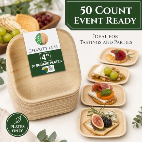 Charity Leaf Disposable Bamboo 4" Square Plates (50 pieces) Bamboo Serving Platters, Disposable Boards, Eco-Friendly Dinnerware For Weddings, Catering, Events