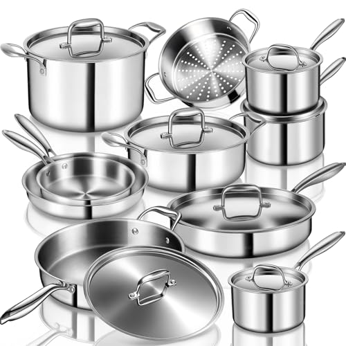 EWFEN Stainless Steel Cookware Set, 3 Ply 17 Piece Stainless Steel Pot and Pan Set, Oven Dishwasher Safe