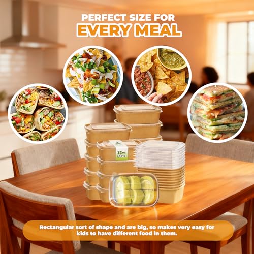 Kaderron 50 Pack 32 OZ Large Paper Bowls with Lids【with Spoons and Forks】, Heavy Duty Disposable Meal Prep Containers for Party, Disposable Bowls Bulk Soak-Proof and Microwave Safe for Hot/Cold Use
