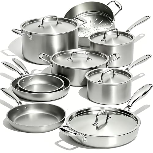 Umite Chef Stainless Steel Cookware Set, 5 Ply 14 Piece Stainless Steel Pot and Pan Set-Induction, Heavy Chef Quality, Oven Safe