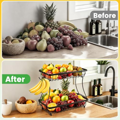 YUANCE 2-Tier Fruit Basket for Kitchen Counter with 2 Banana Hangers | Large Metal Fruit Bowl, Versatile Holder for Veggies, Produce Storage, 12.5"×7.5"×12"-Black