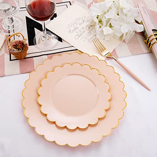 LIYH 60 Pcs Pink Plastic Plates with Gold Rim for Bridal Shower & Party | Heavy Duty Disposable Pink and Gold Scalloped Plates with 30 Dinner 10.25" & 30 Dessert Plates 7.5" for Weddings & Birthdays