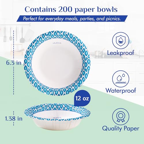MUCHII 12 oz Paper Bowls, 200 Count Printed Disposable Small Bowls Bulk | Blue,Small Soup Bowls,Soak Proof,Small Bowls,Dessert,Salad,Breakfast,Lunch,Dinner Meals,School Cafeteria