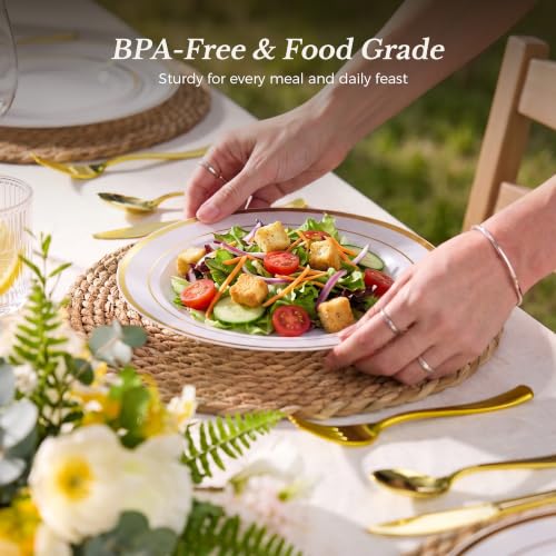 Goodluck 200PCS Gold Plastic Plates, Heavy Duty Disposable Gold Plates | 100 10.25 inch Dinner Plates and 100 7.5 inch Dessert Plates for Party, Holiday, Wedding, Thanksgiving