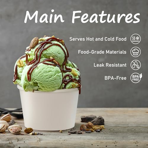 ESSENTIAL Paper Ice Cream Cups, 50 Pcs 8oz Paper Snack Bowls | Disposable Dessert Bowls (No Lids) for Hot or Cold Food, Paper Snack Containers for Sundae, Frozen Yogurt, Soup (White)